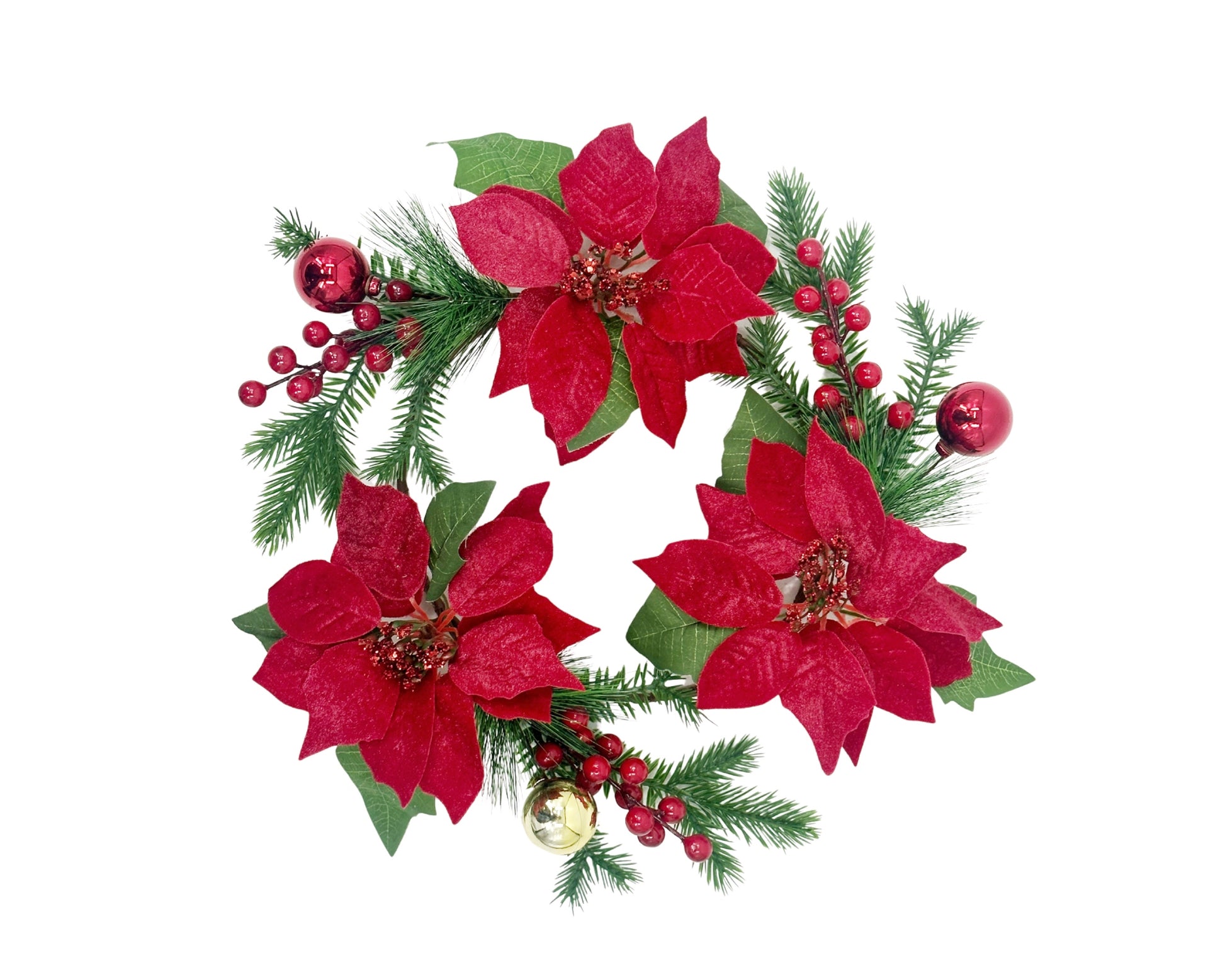 bulk 8 Xmas Faux Velvet Poinsettia Pinecone Berry Wreath 35cm