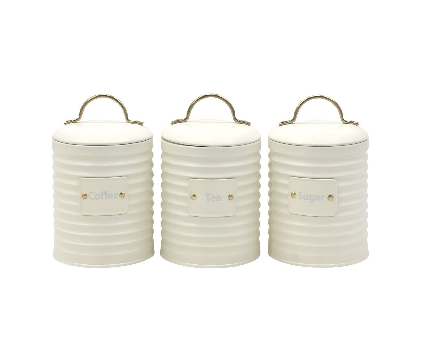 Set 3 Corrugated Metal Coffee Tea Sugar Storage Tins 17cm