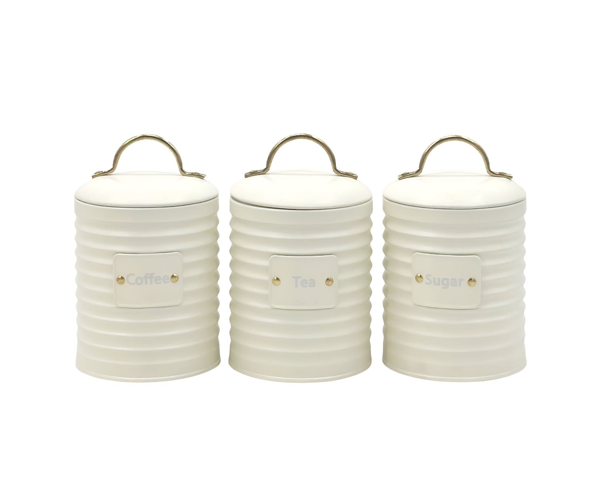 Set 3 Corrugated Metal Coffee Tea Sugar Storage Tins 17cm