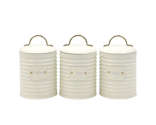 Set 3 Corrugated Metal Coffee Tea Sugar Storage Tins 17cm