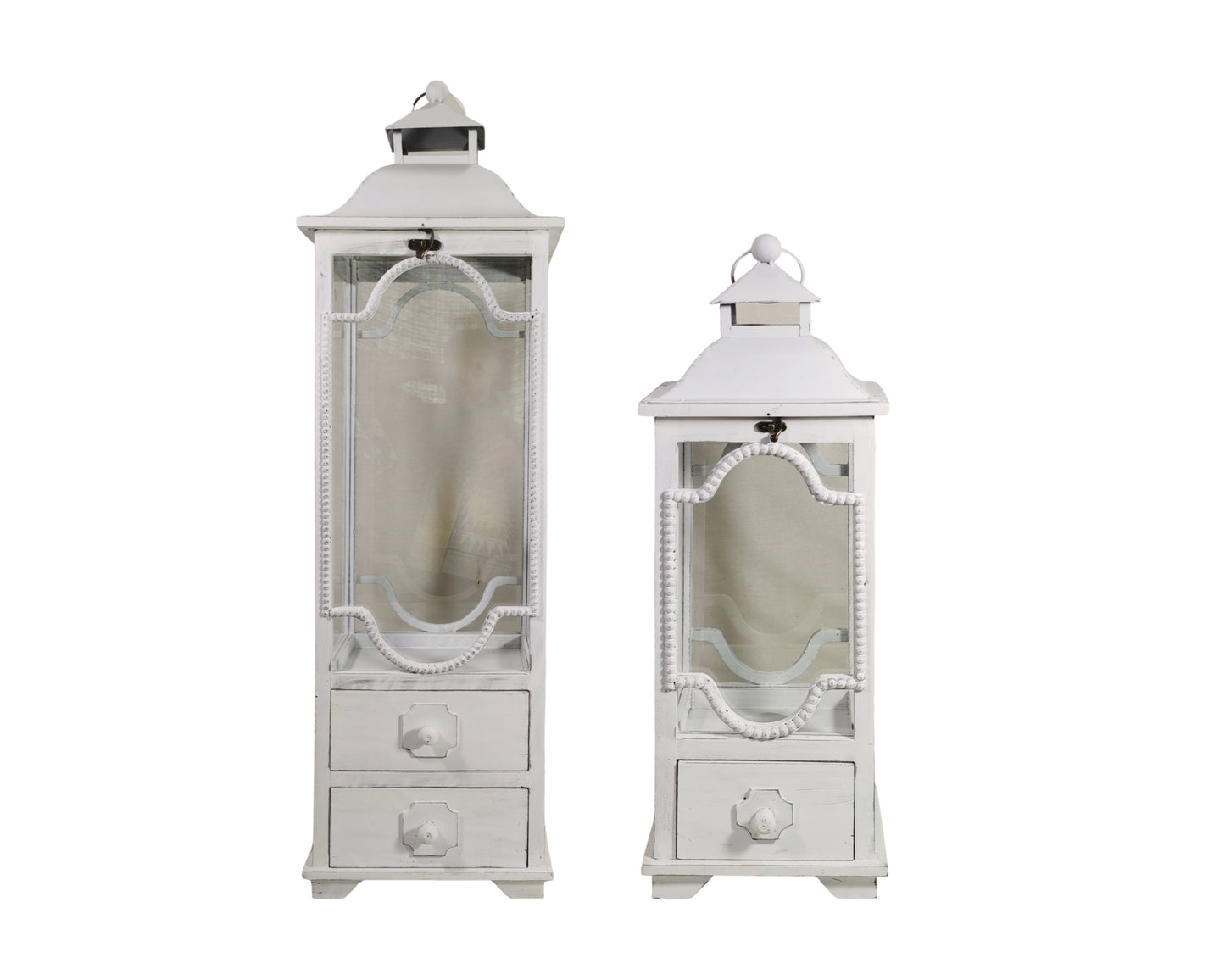 Set 2 Tall White Wooden Lantern w/ Drawers 104cm