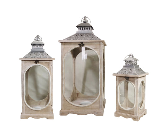 Set 3 Natural Wooden Lantern w/ Oval Shape 76cm