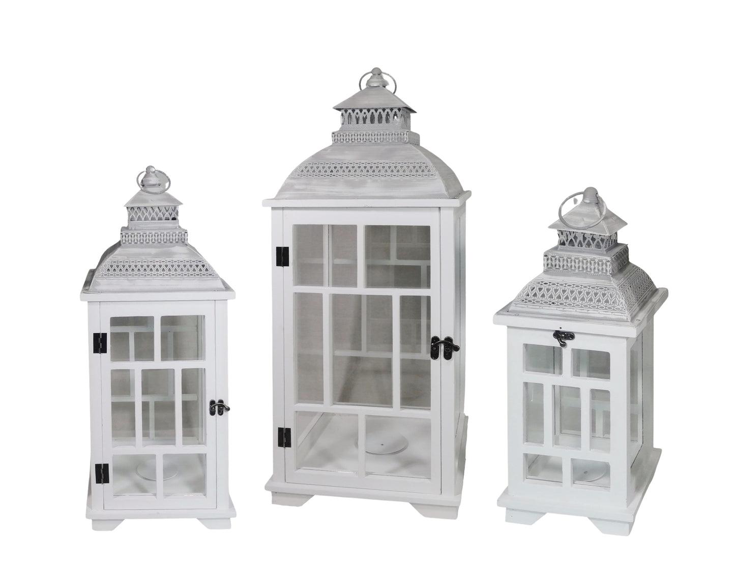 Set 3 White Wooden Lantern w/ Metal Roof 79cm