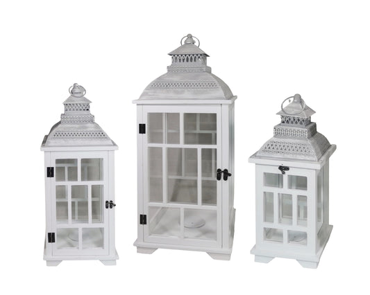 Set 3 White Wooden Lantern w/ Metal Roof 79cm