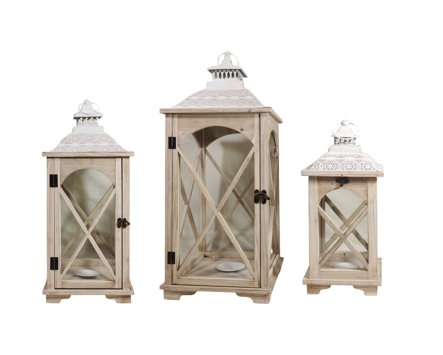 Set 3 Natural Wooden Lantern w/ White Metal Top 75cm