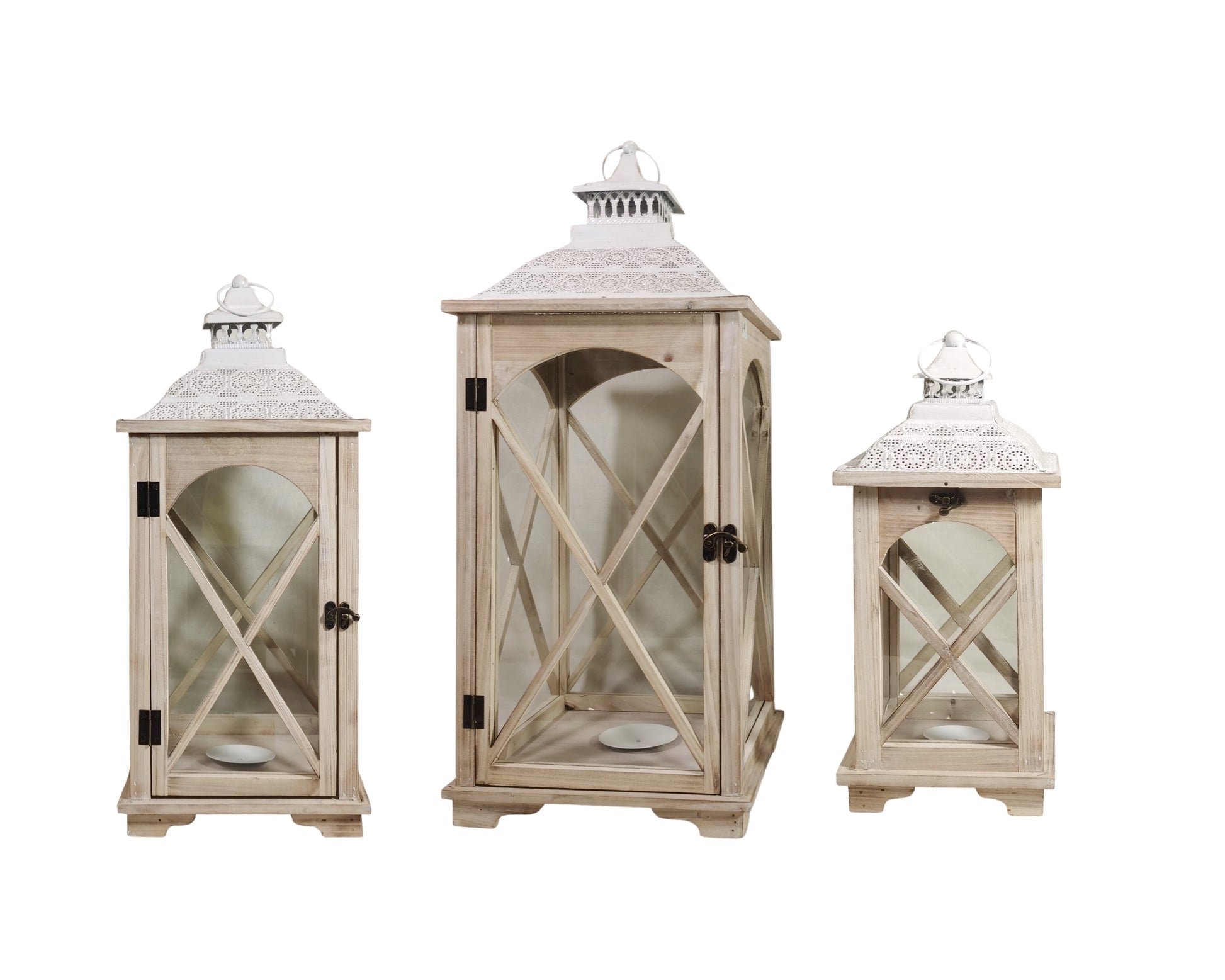Set 3 Natural Wooden Lantern w/ White Metal Top 75cm
