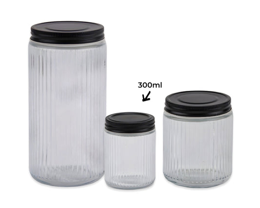 bulk 24 Ribbed Glass Jar w/ Metal Lid 300ml 10cm