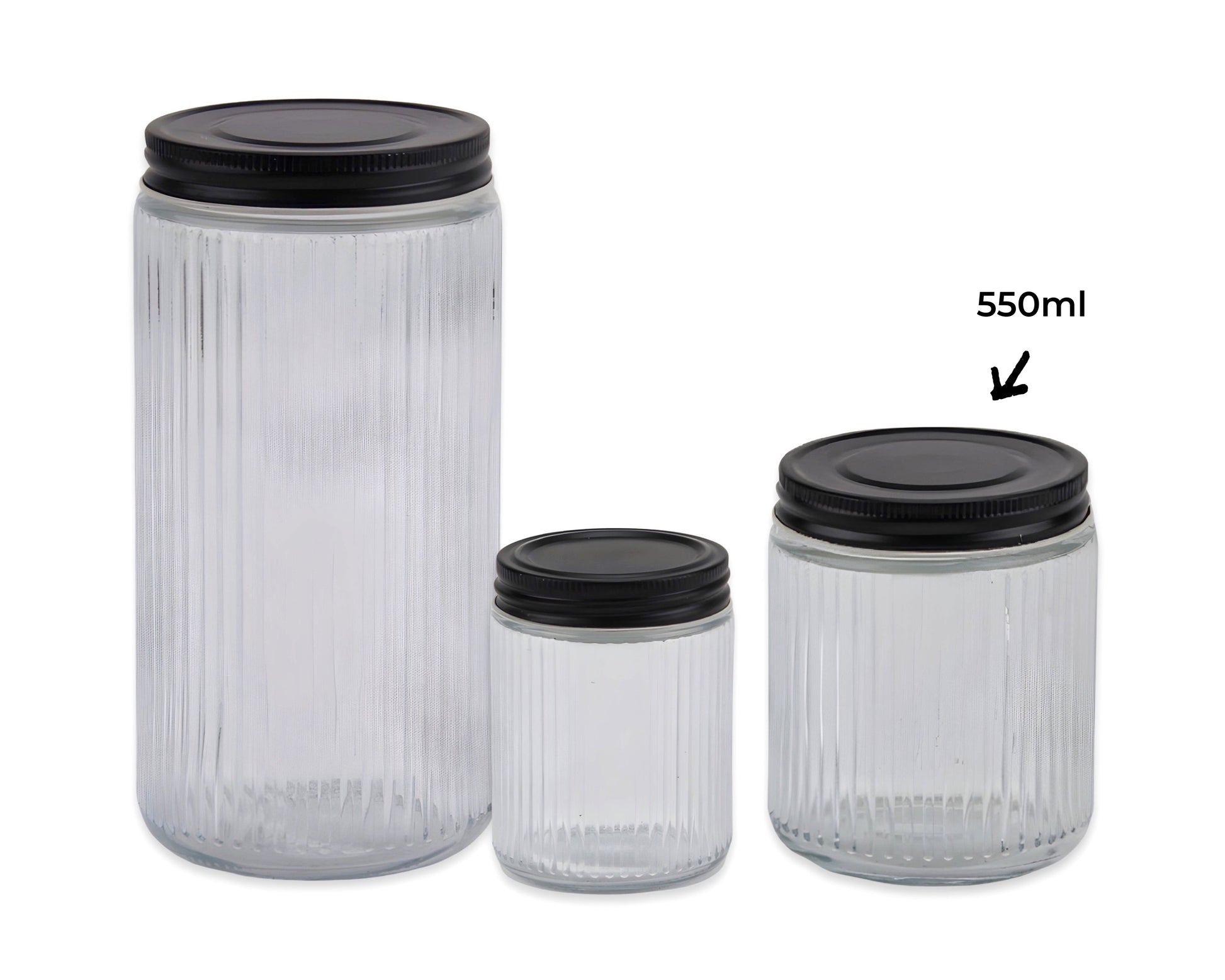 bulk 24 Ribbed Glass Jar w/ Metal Lid 550ml 11cm
