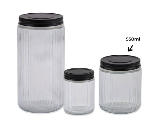 bulk 24 Ribbed Glass Jar w/ Metal Lid 550ml 11cm