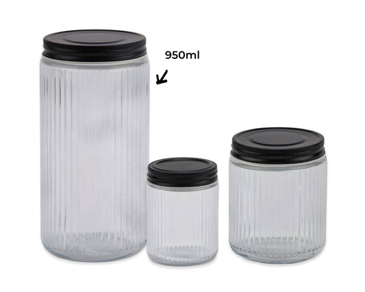 bulk 12 Ribbed Glass Jar w/ Metal Lid 950ml 9x19cm
