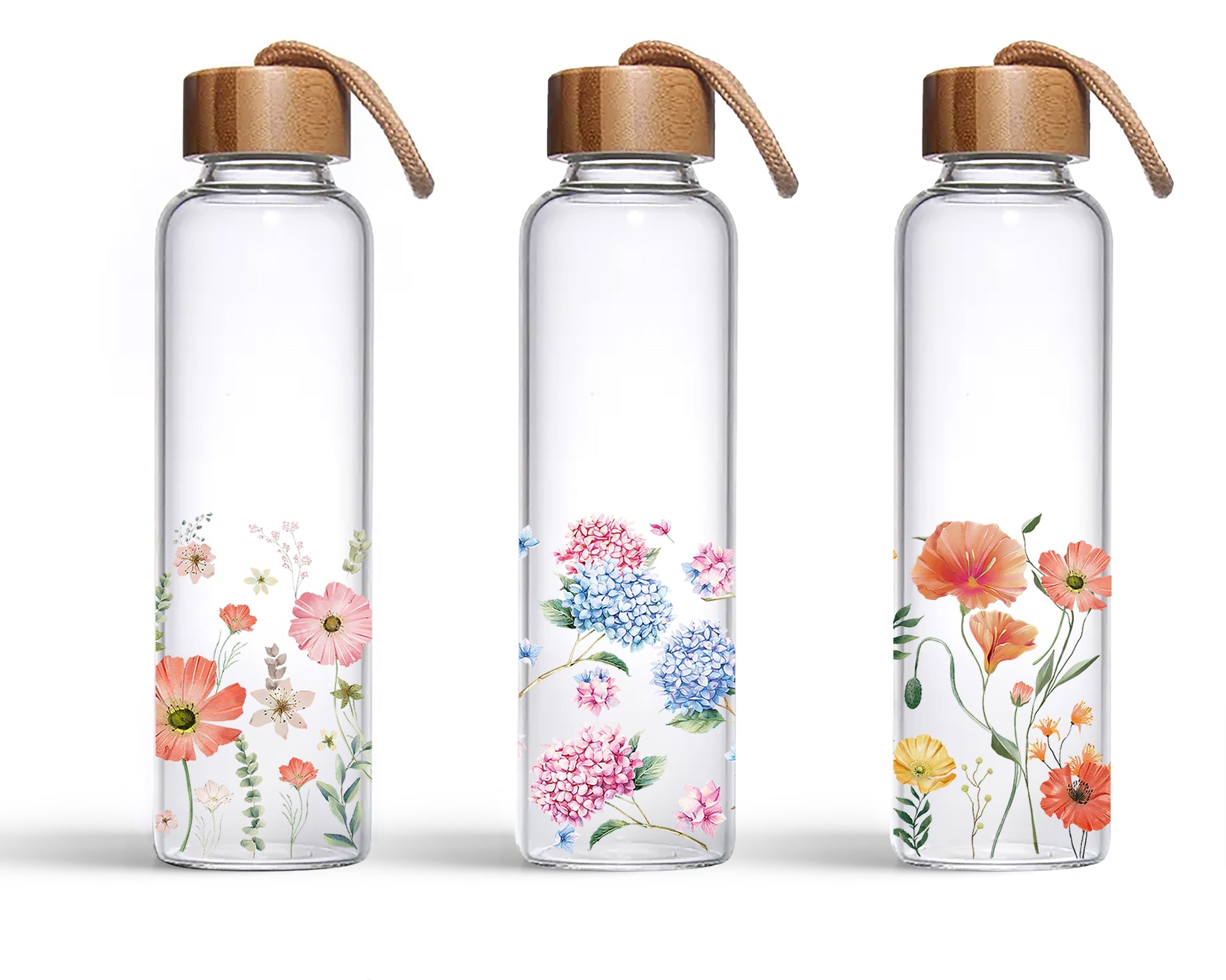 bulk 12 Meadow Bouquet Glass Drinking Bottle 550ml Assorted 
