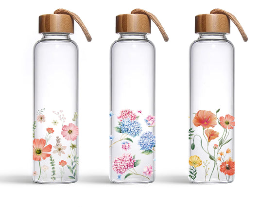 bulk 12 Meadow Bouquet Glass Drinking Bottle 550ml Assorted 