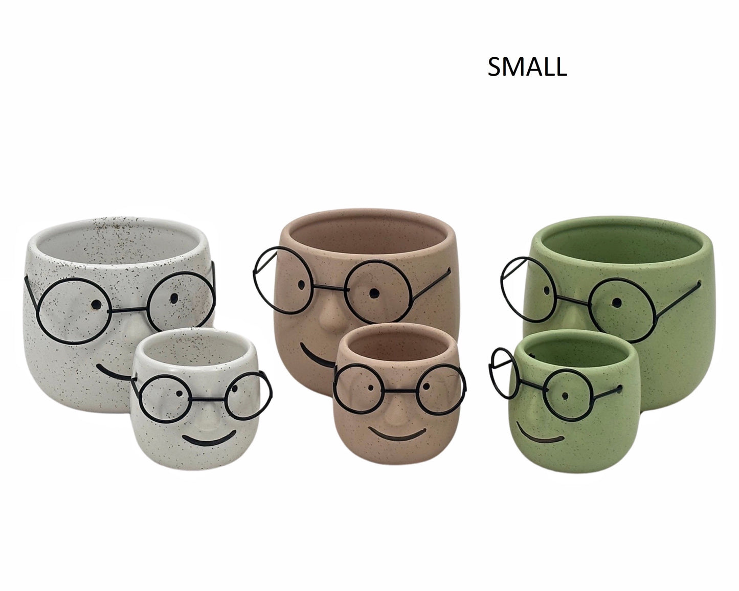 Set 3 Ceramic Pot Planter w/ Metal Glasses 6cm