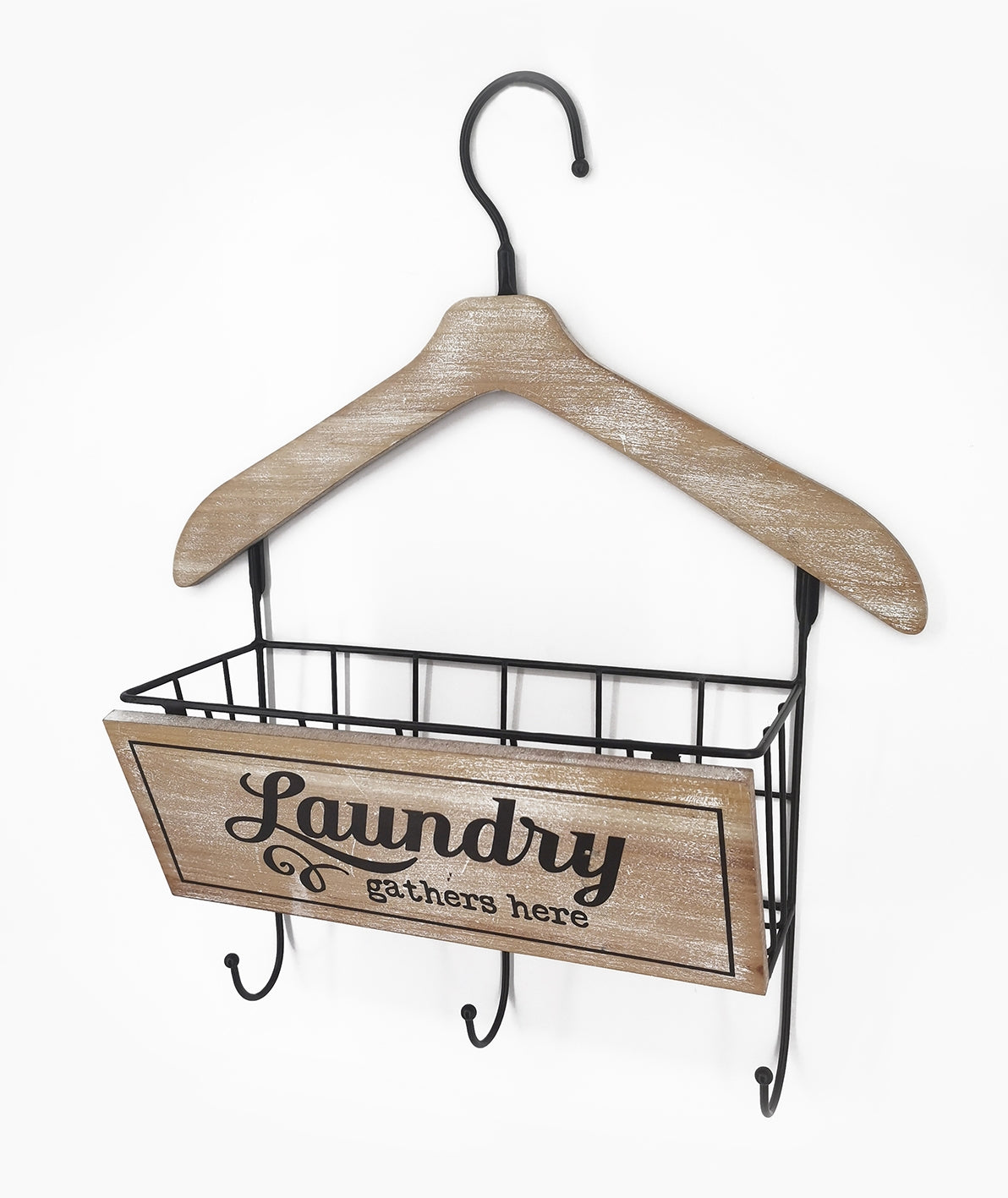 Wooden Laundry Hanger w/ Basket & 3 Hooks 48cm