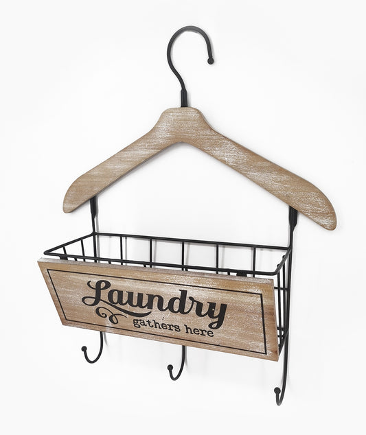 Wooden Laundry Hanger w/ Basket & 3 Hooks 48cm