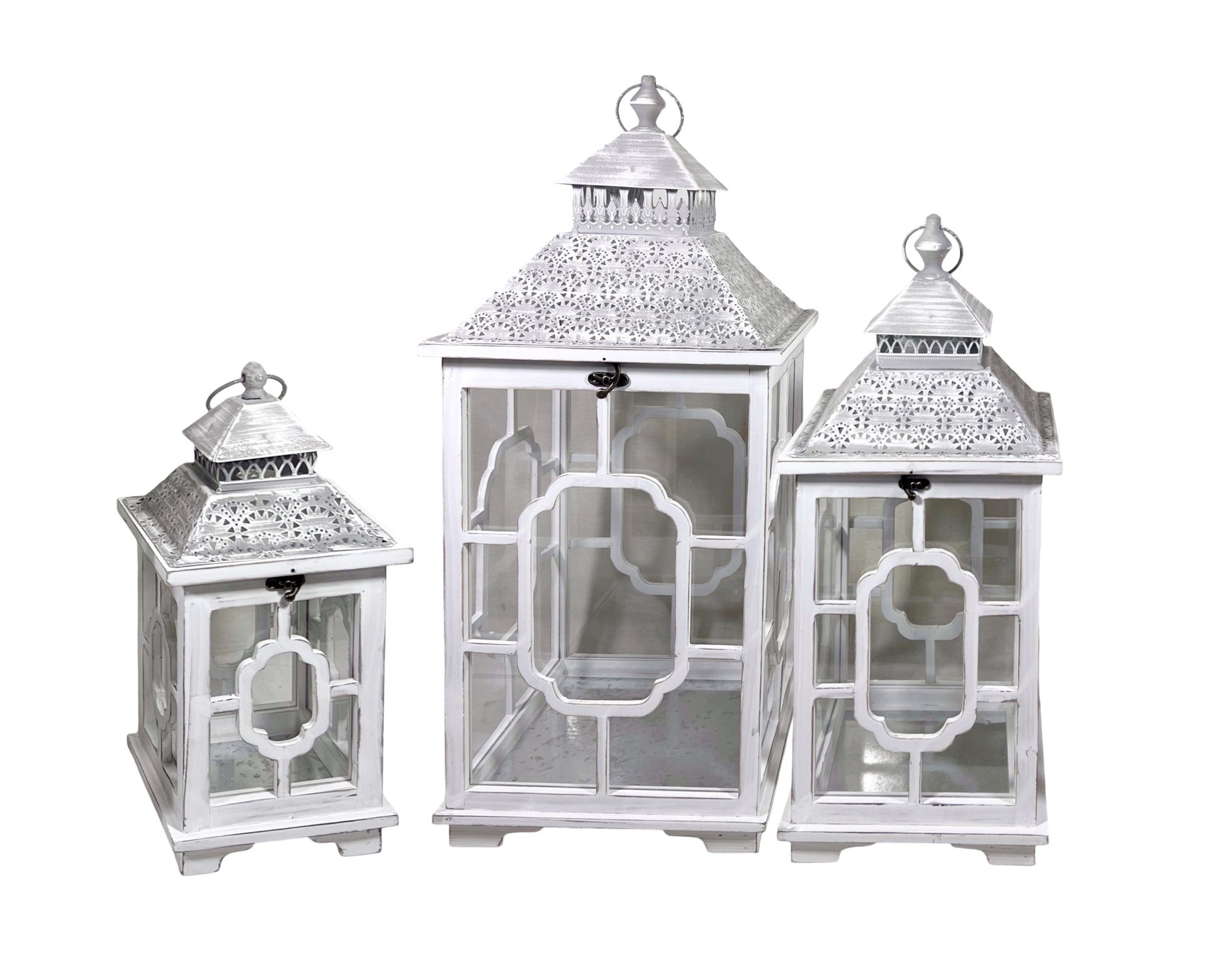 Set 3 Wooden Lantern w/ Metal Roof 76cm