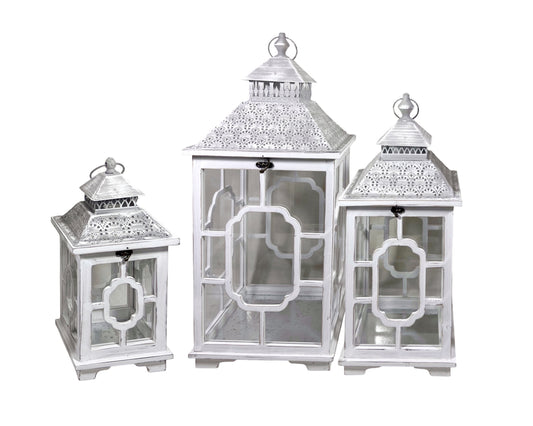 Set 3 Wooden Lantern w/ Metal Roof 76cm