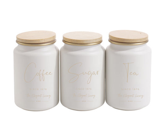 Set 3 Coffee Sugar Tea Canisters W/ Bamboo Lid 15cm