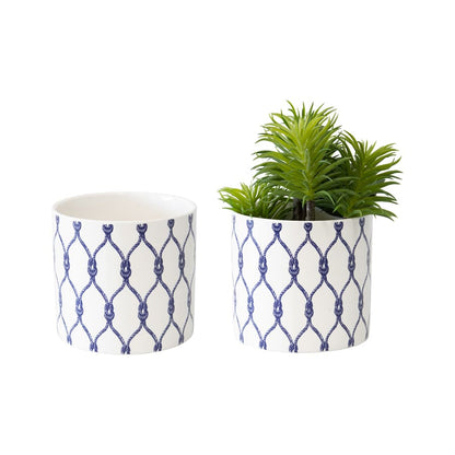 Set 2 Hampton White & Blue Knot Planters w Hole & Plug 13cm