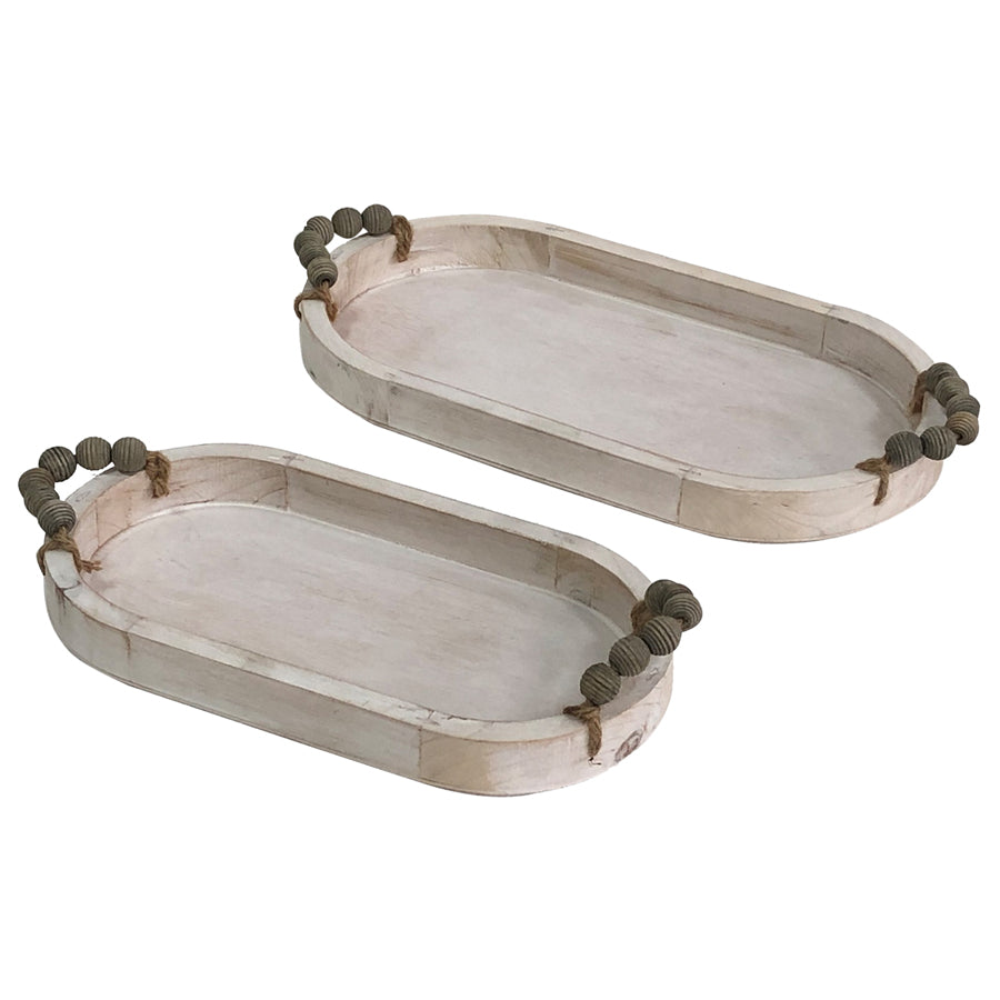 Set 2 Nested Whitewash Oval Trays Handles 37x5cm