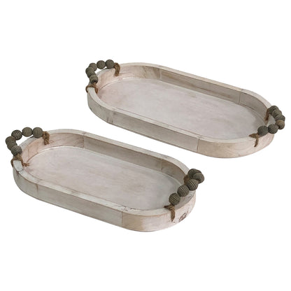 Set 2 Nested Whitewash Oval Trays Handles 37x5cm