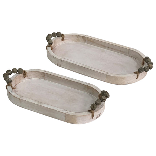 Set 2 Nested Whitewash Oval Trays Handles 37x5cm