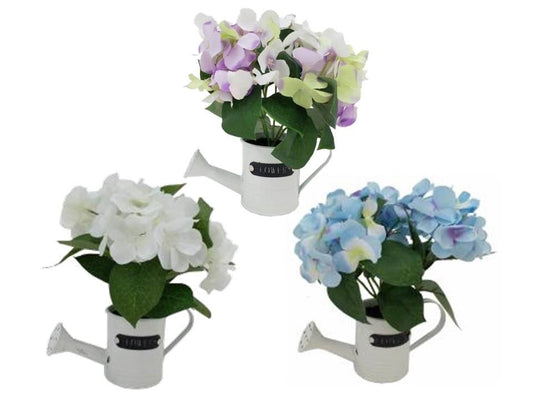 Set 3 Artificial Hydrangea in Watering Can 20cm