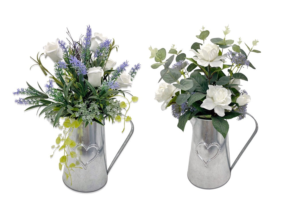 Set 2 Artificial Bouquet in Galvanized Watering Can 40cm