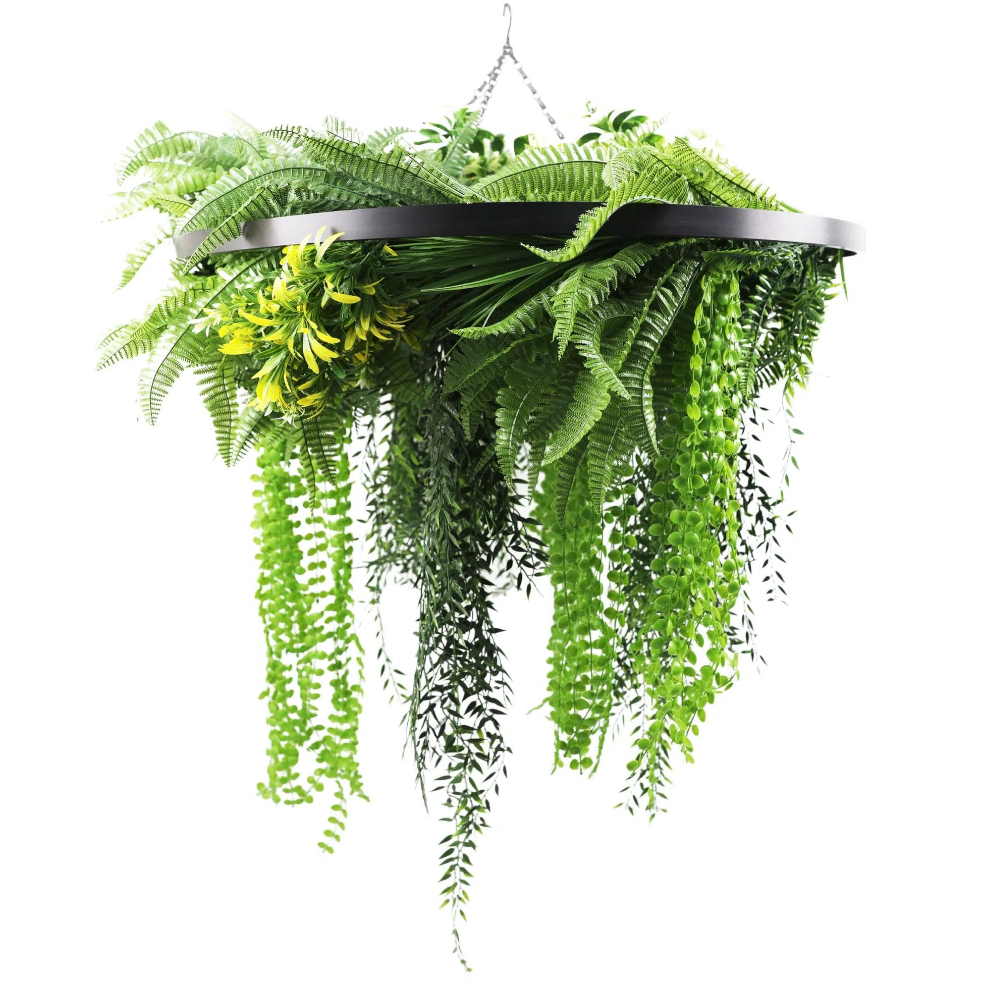 Black Framed Roof Hanging Disc With Draping Life-Like Ferns and Plants 80cm UV Resistant - Image 3