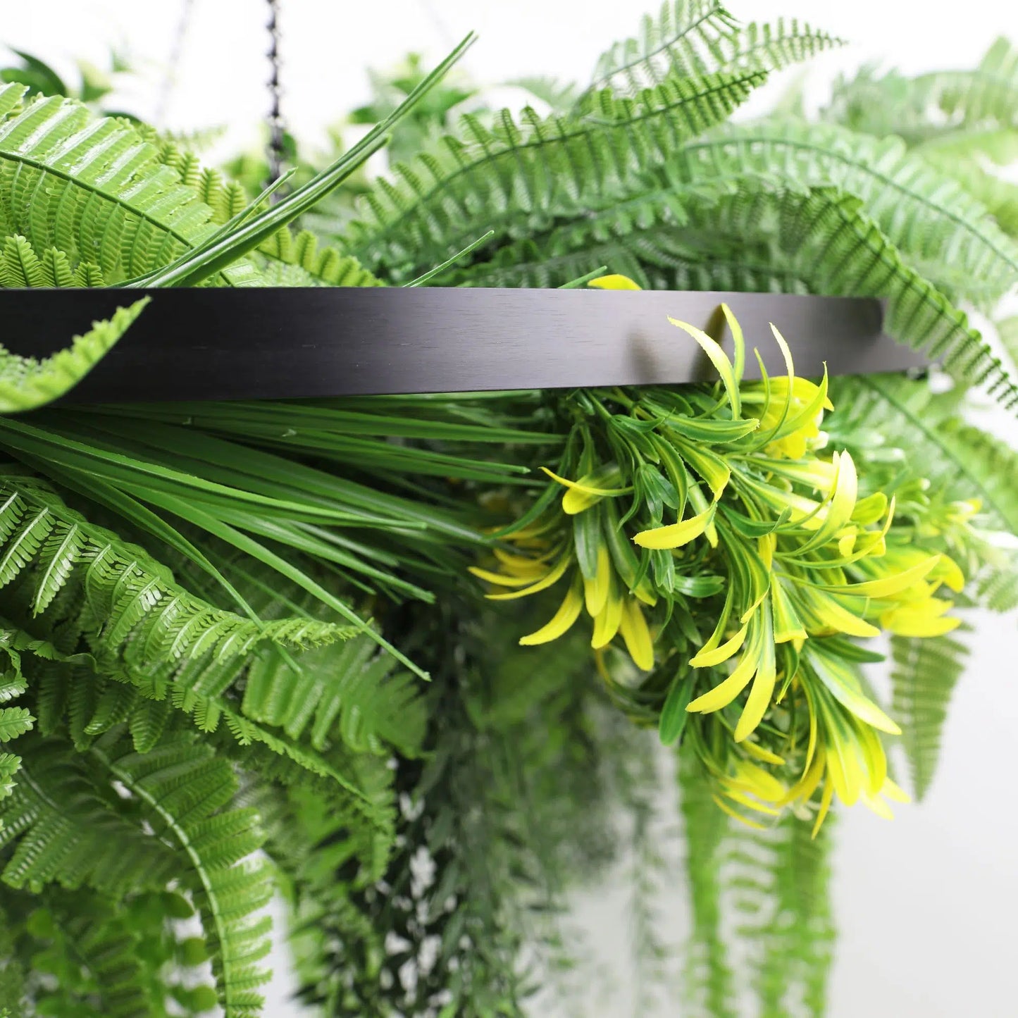 Black Framed Roof Hanging Disc With Draping Life-Like Ferns and Plants 80cm UV Resistant - Image 4