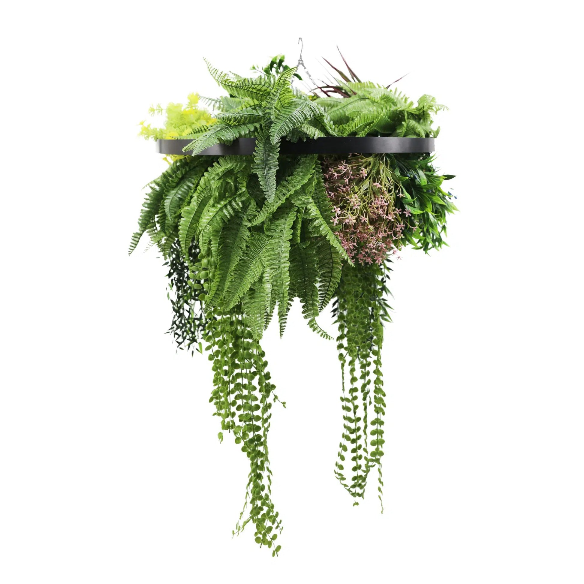 Black Framed Roof Hanging Disc With Tropical Foliage Mix and Draping Stems 60cm UV Resistant