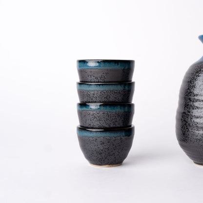 Sake Set for Four 280ml Black Bright Blue Drip Glaze - Image 2