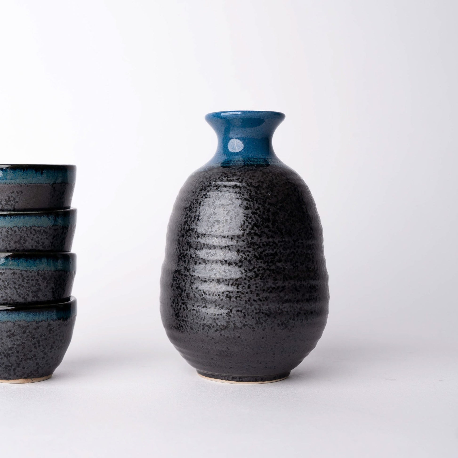 Sake Set for Four 280ml Black Bright Blue Drip Glaze - Image 3