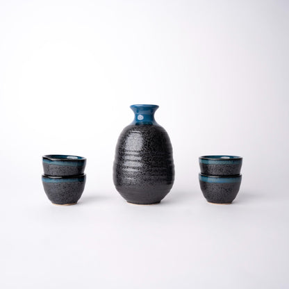 Sake Set for Four 280ml Black Bright Blue Drip Glaze - Image 4