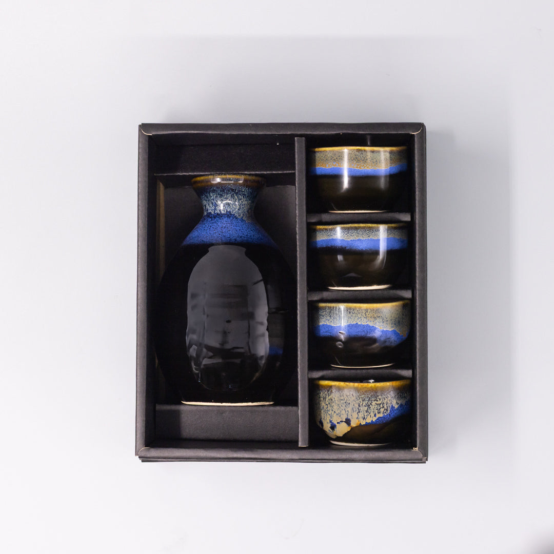 Sake Set for Four 330ml Black Blue Glaze - Image 4