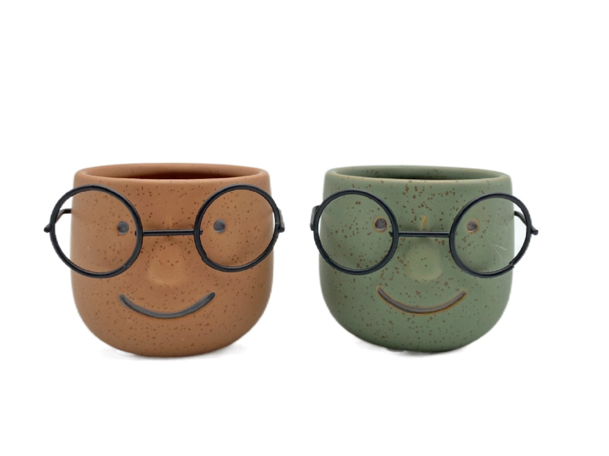 Set 2 Man w/ Metal Glasses Ceramic Pot 7cm