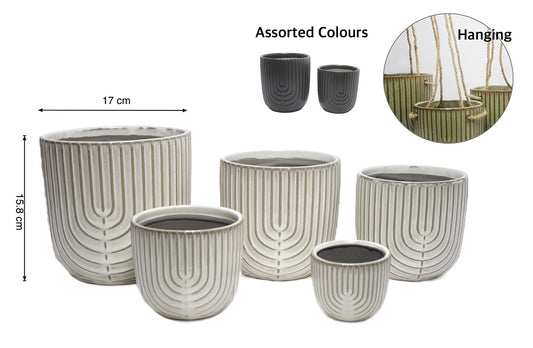 bulk 6 Ripple Ceramic Planter w/ Hanging Rope 17cm