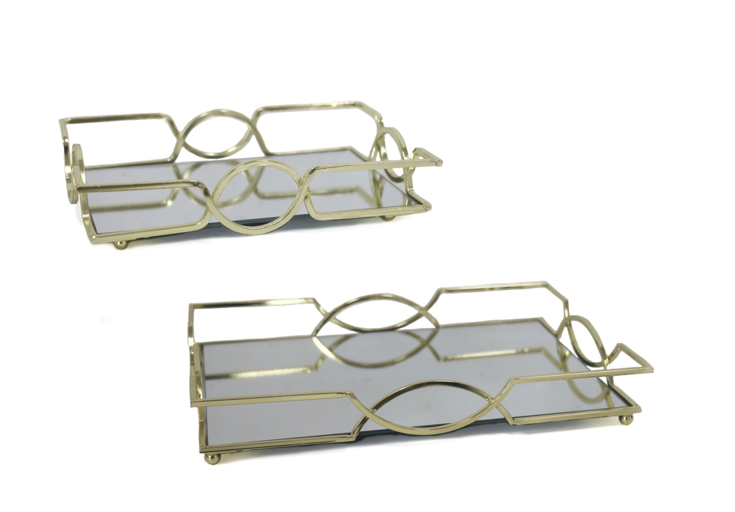 Set 2 Rectangle Gold Mirror Tray 31cm