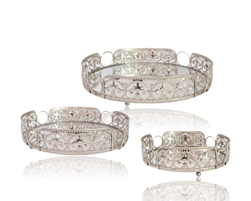Set 3 Silver Round Metal Tray Round 28cm