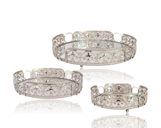 Set 3 Silver Round Metal Tray Round 28cm