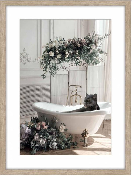 Leopard in The Bath w Glass Front Pu Frame Wall Art 80cm