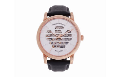 Emporio Armani Men's Automatic Leather Strap White Dial Watch (Black)