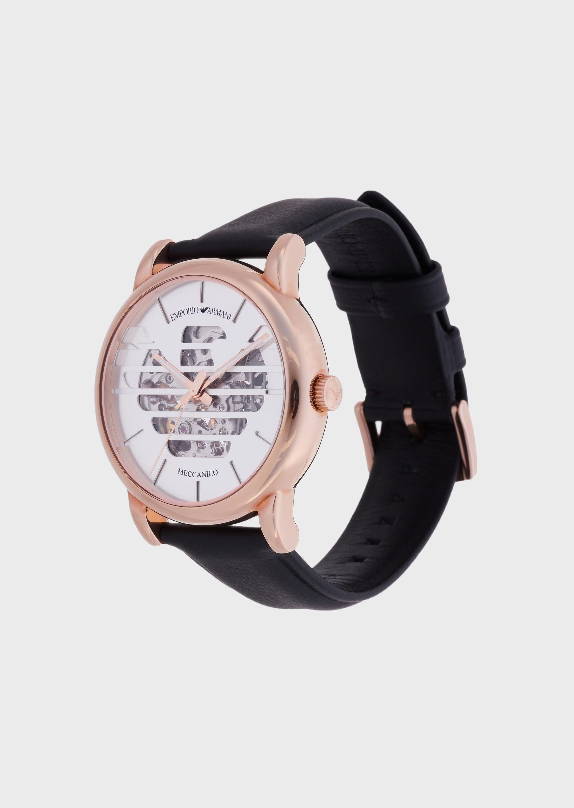 Emporio Armani Men's Automatic Leather Strap White Dial Watch (Black) - Image 2