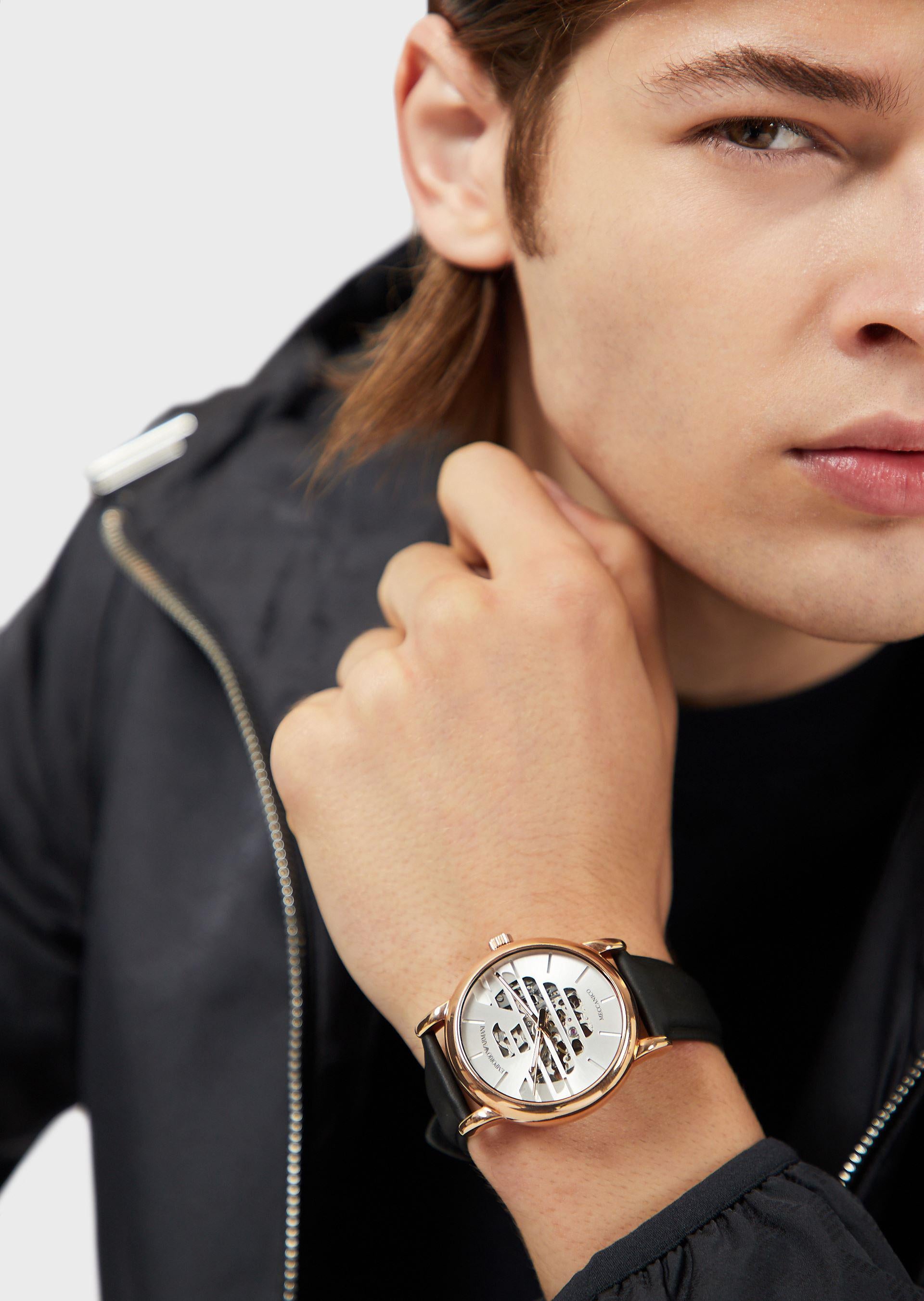 Emporio Armani Men's Automatic Leather Strap White Dial Watch (Black) - Image 4