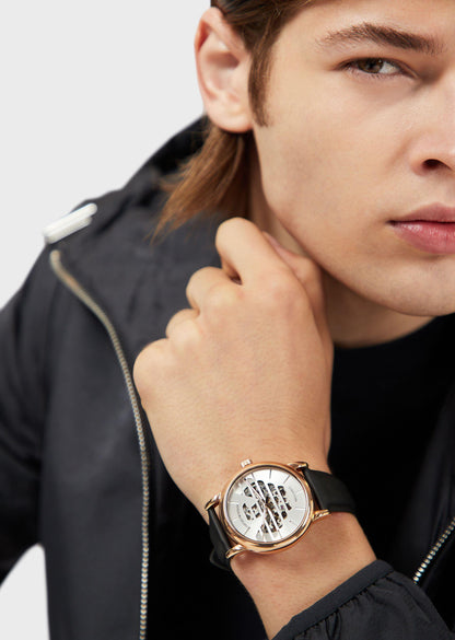 Emporio Armani Men's Automatic Leather Strap White Dial Watch (Black) - Image 4