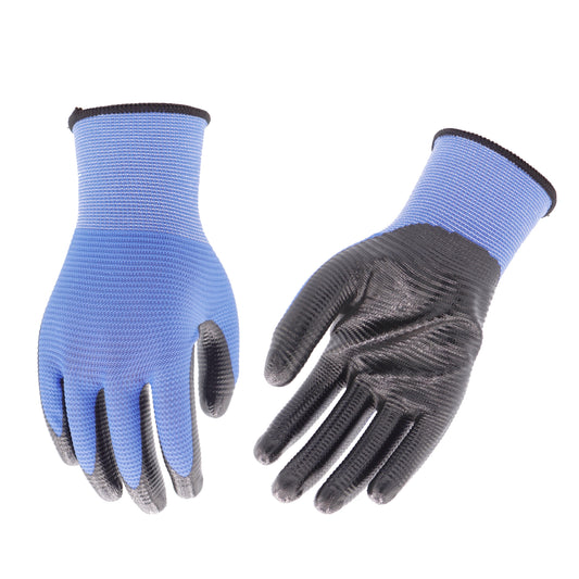 bulk 24 Blue U3 Polyester Shell w/ Black Nitrile Garden Gloves