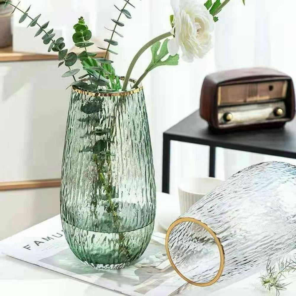 bulk 6 Glass Ribbed Vase w/ Gold Rim 27cm