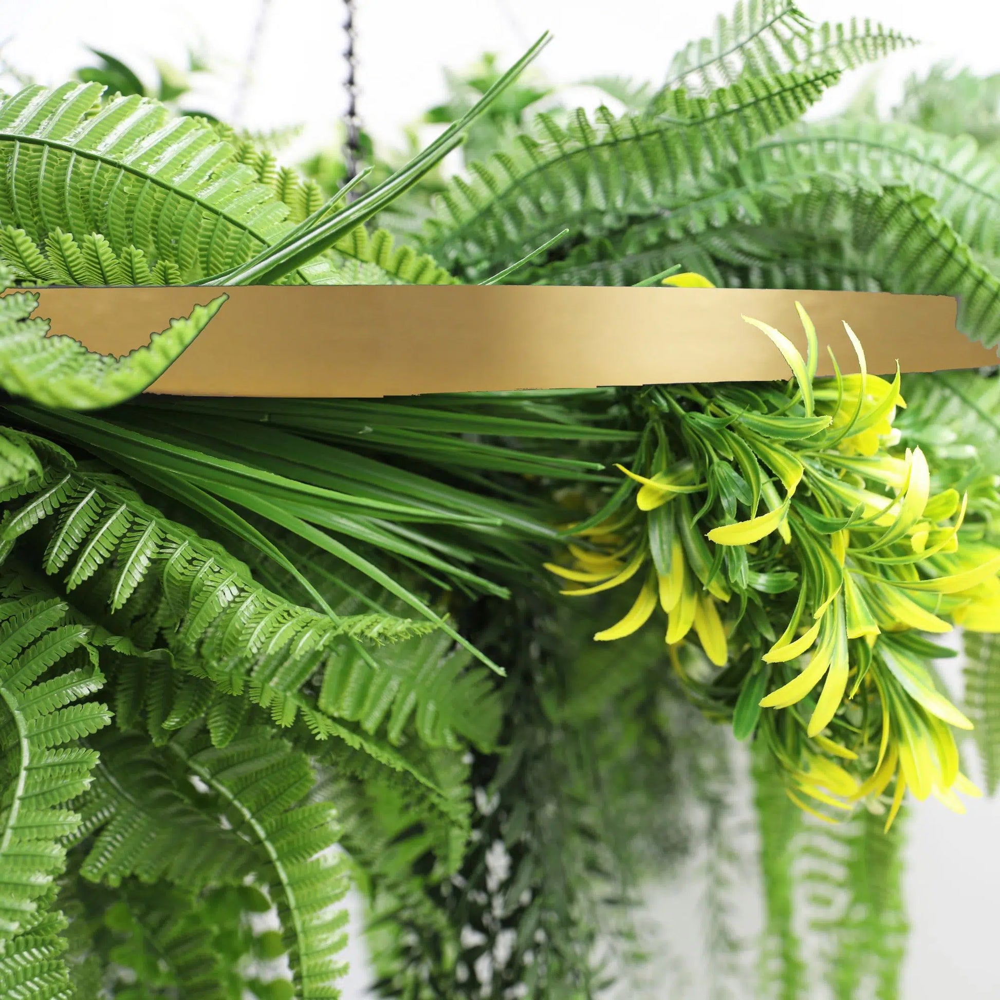 Gold Framed Roof Hanging Disc With Draping Life-Like Ferns and Plants 80cm UV Resistant - Image 3
