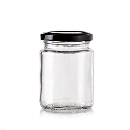 bulk 48 Glass Jar Round w/ Black Lid 200ml Canister 9cm