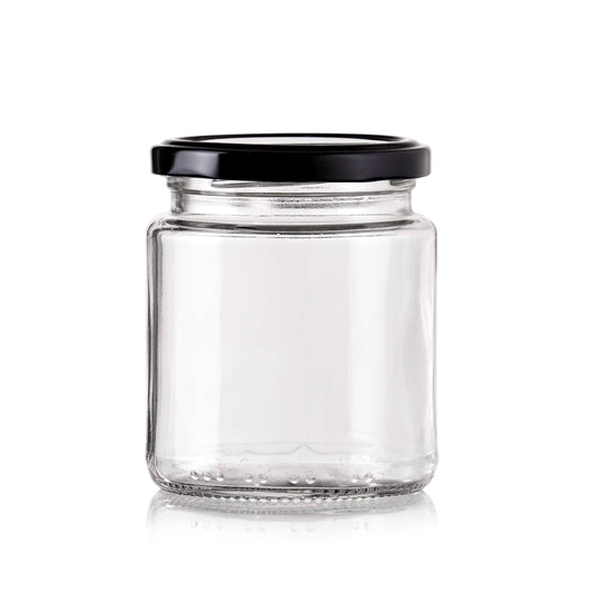 bulk 48 Glass Jar Round w/ Black Lid 400ml Canister 10cm